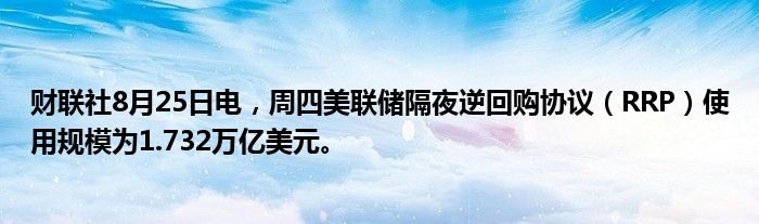 财联社8月25日电,周四美联储隔夜逆回购协议(RRP)使用规模为1.732万亿美元。