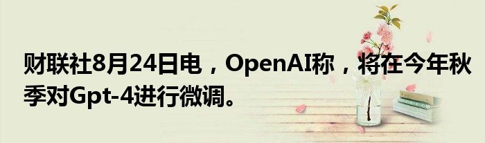 财联社8月24日电,OpenAI称,将在今年秋季对Gpt-4进行微调。