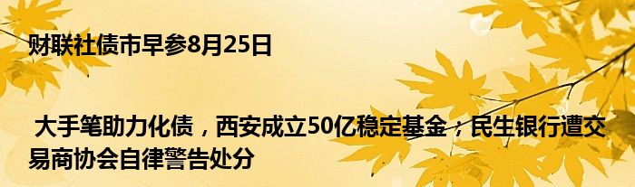 财联社债市早参8月25日 | 大手笔助力化债,西安成立50亿稳定基金;民生银行遭交易商协会自律警告处分