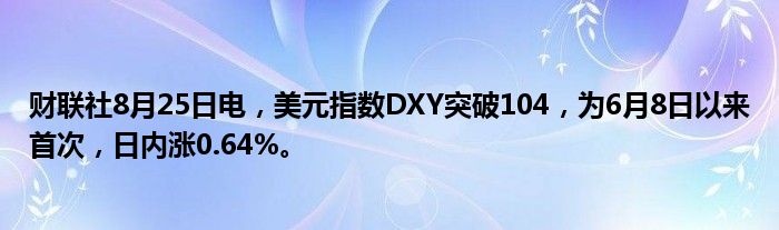 财联社8月25日电,美元指数DXY突破104,为6月8日以来首次,日内涨0.64%。