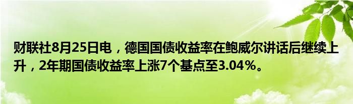 财联社8月25日电,德国国债收益率在鲍威尔讲话后继续上升,2年期国债收益率上涨7个基点至3.04%。
