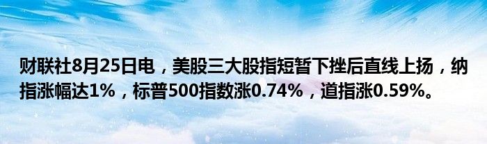 财联社8月25日电,美股三大股指短暂下挫后直线上扬,纳指涨幅达1%,标普500指数涨0.74%,道指涨0.59%。