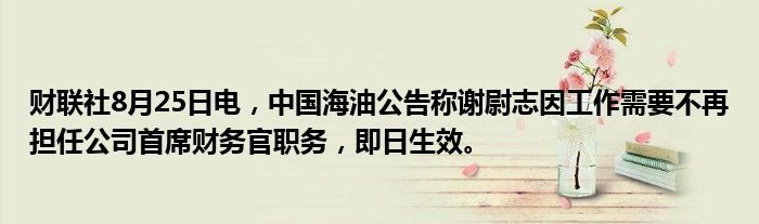 财联社8月25日电,中国海油公告称谢尉志因工作需要不再担任公司首席财务官职务,即日生效。