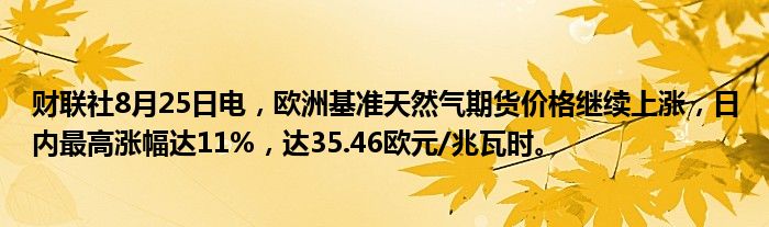 财联社8月25日电,欧洲基准天然气期货价格继续上涨,日内最高涨幅达11%,达35.46欧元/兆瓦时。