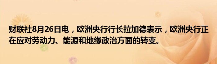 财联社8月26日电,欧洲央行行长拉加德表示,欧洲央行正在应对劳动力、能源和地缘政治方面的转变。