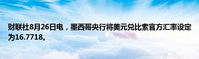 财联社8月26日电,墨西哥央行将美元兑比索官方汇率设定为16.7718。