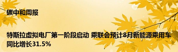 碳中和周报|特斯拉虚拟电厂第一阶段启动 乘联会预计8月新能源乘用车同比增长31.5%
