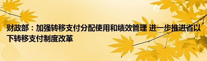 财政部:加强转移支付分配使用和绩效管理 进一步推进省以下转移支付制度改革