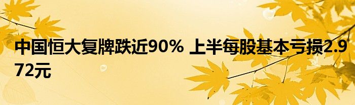 中国恒大复牌跌近90% 上半每股基本亏损2.972元