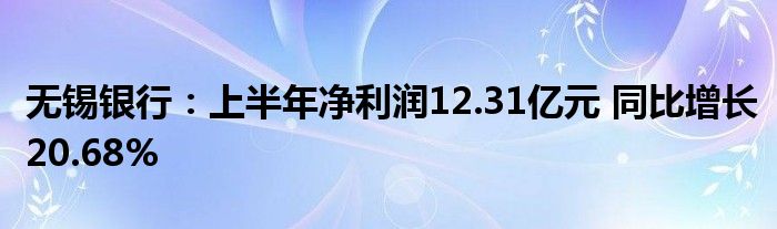 无锡银行:上半年净利润12.31亿元 同比增长20.68%
