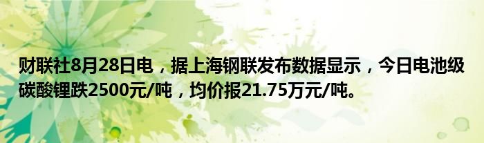财联社8月28日电,据上海钢联发布数据显示,今日电池级碳酸锂跌2500元/吨,均价报21.75万元/吨。