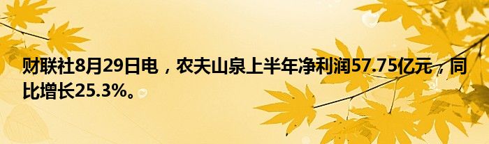 财联社8月29日电,农夫山泉上半年净利润57.75亿元,同比增长25.3%。