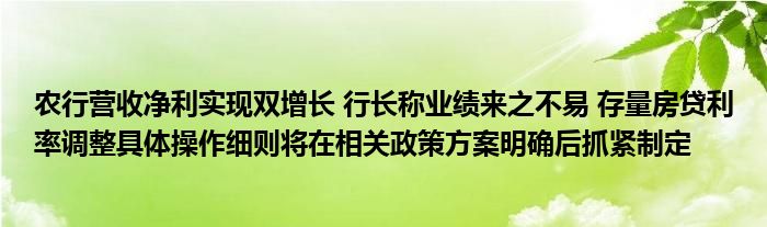 农行营收净利实现双增长 行长称业绩来之不易 存量房贷利率调整具体操作细则将在相关政策方案明确后抓紧制定