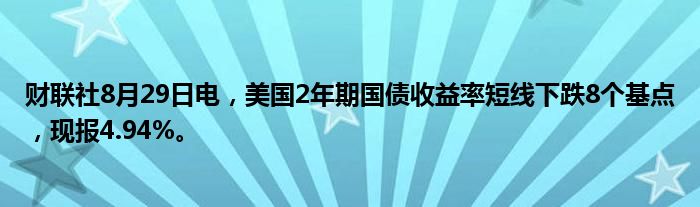 财联社8月29日电,美国2年期国债收益率短线下跌8个基点,现报4.94%。