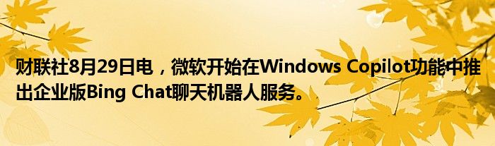 财联社8月29日电,微软开始在Windows Copilot功能中推出企业版Bing Chat聊天机器人服务。