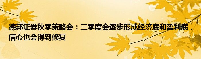 德邦证券秋季策略会:三季度会逐步形成经济底和盈利底,信心也会得到修复
