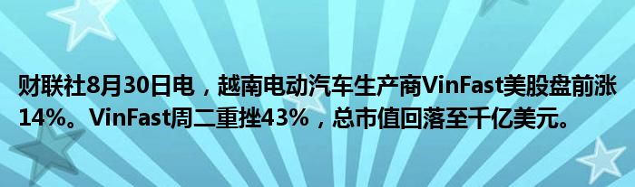 财联社8月30日电,越南电动汽车生产商VinFast美股盘前涨14%。VinFast周二重挫43%,总市值回落至千亿美元。