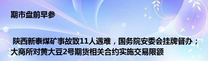 期市盘前早参 | 陕西新泰煤矿事故致11人遇难,国务院安委会挂牌督办;大商所对黄大豆2号期货相关合约实施交易限额