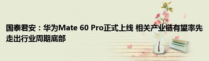 国泰君安:华为Mate 60 Pro正式上线 相关产业链有望率先走出行业周期底部