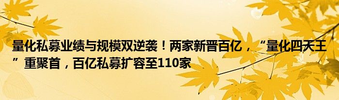 量化私募业绩与规模双逆袭!两家新晋百亿,“量化四天王”重聚首,百亿私募扩容至110家