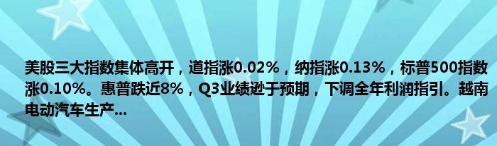美股三大指数集体高开,道指涨0.02%,纳指涨0.13%,标普500指数涨0.10%。惠普跌近8%,Q3业绩逊于预期,下调全年利润指引。越南电动汽车生产...