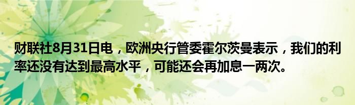财联社8月31日电,欧洲央行管委霍尔茨曼表示,我们的利率还没有达到最高水平,可能还会再加息一两次。