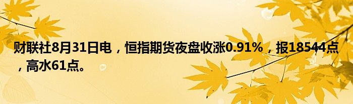 财联社8月31日电,恒指期货夜盘收涨0.91%,报18544点,高水61点。