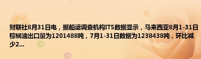 财联社8月31日电,据船运调查机构ITS数据显示,马来西亚8月1-31日棕榈油出口量为1201488吨,7月1-31日数据为1238438吨,环比减少2...