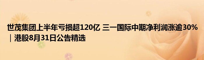 世茂集团上半年亏损超120亿 三一国际中期净利润涨逾30%|港股8月31日公告精选