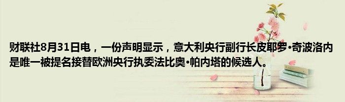 财联社8月31日电,一份声明显示,意大利央行副行长皮耶罗·奇波洛内是唯一被提名接替欧洲央行执委法比奥·帕内塔的候选人。