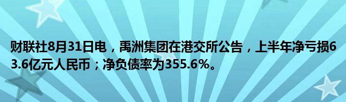 财联社8月31日电,禹洲集团在港交所公告,上半年净亏损63.6亿元人民币;净负债率为355.6%。