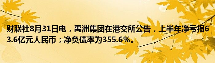 财联社8月31日电,禹洲集团在港交所公告,上半年净亏损63.6亿元人民币;净负债率为355.6%。