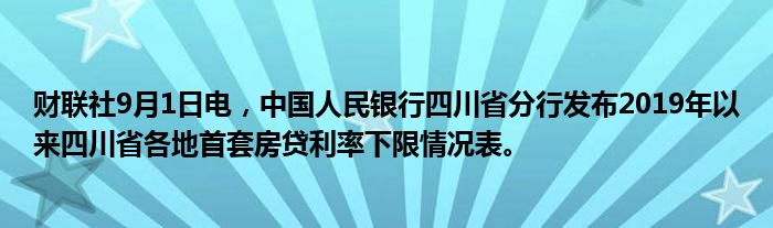 财联社9月1日电,中国人民银行四川省分行发布2019年以来四川省各地首套房贷利率下限情况表。
