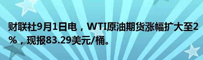 财联社9月1日电,WTI原油期货涨幅扩大至2%,现报83.29美元/桶。
