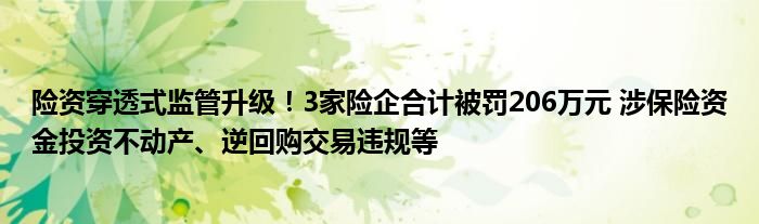 险资穿透式监管升级!3家险企合计被罚206万元 涉保险资金投资不动产、逆回购交易违规等