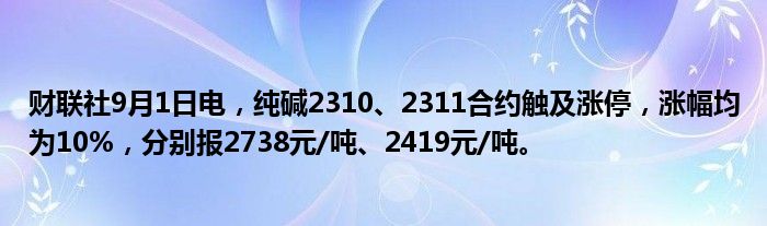 财联社9月1日电,纯碱2310、2311合约触及涨停,涨幅均为10%,分别报2738元/吨、2419元/吨。