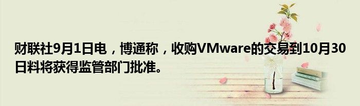财联社9月1日电,博通称,收购VMware的交易到10月30日料将获得监管部门批准。