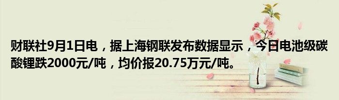 财联社9月1日电,据上海钢联发布数据显示,今日电池级碳酸锂跌2000元/吨,均价报20.75万元/吨。