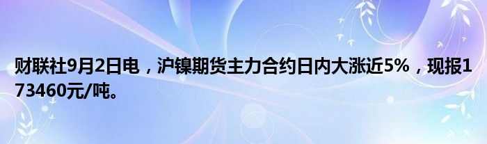 财联社9月2日电,沪镍期货主力合约日内大涨近5%,现报173460元/吨。