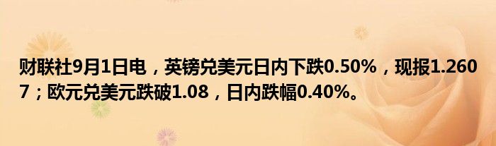财联社9月1日电,英镑兑美元日内下跌0.50%,现报1.2607;欧元兑美元跌破1.08,日内跌幅0.40%。