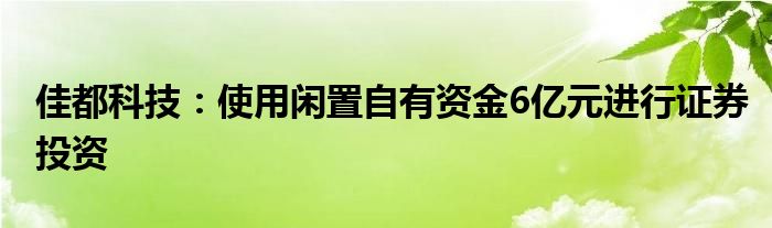 佳都科技：使用闲置自有资金6亿元进行证券投资