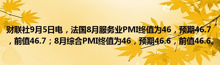 财联社9月5日电,法国8月服务业PMI终值为46,预期46.7,前值46.7;8月综合PMI终值为46,预期46.6,前值46.6。