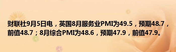 财联社9月5日电,英国8月服务业PMI为49.5,预期48.7,前值48.7;8月综合PMI为48.6,预期47.9,前值47.9。