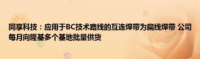 同享科技:应用于BC技术路线的互连焊带为扁线焊带 公司每月向隆基多个基地批量供货