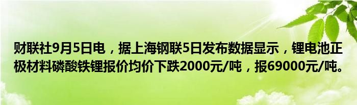 财联社9月5日电,据上海钢联5日发布数据显示,锂电池正极材料磷酸铁锂报价均价下跌2000元/吨,报69000元/吨。