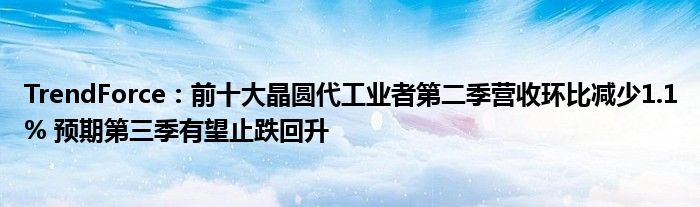 TrendForce:前十大晶圆代工业者第二季营收环比减少1.1% 预期第三季有望止跌回升