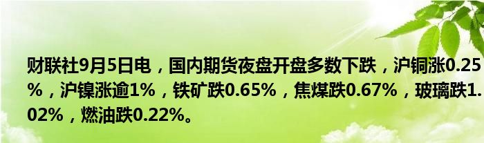 财联社9月5日电，国内期货夜盘开盘多数下跌，沪铜涨0.25%，沪镍涨逾1%，铁矿跌0.65%，焦煤跌0.67%，玻璃跌1.02%，燃油跌0.22%。
