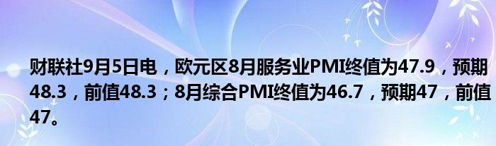 财联社9月5日电,欧元区8月服务业PMI终值为47.9,预期48.3,前值48.3;8月综合PMI终值为46.7,预期47,前值47。