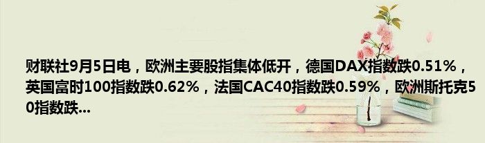 财联社9月5日电,欧洲主要股指集体低开,德国DAX指数跌0.51%,英国富时100指数跌0.62%,法国CAC40指数跌0.59%,欧洲斯托克50指数跌...