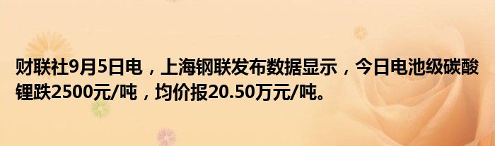 财联社9月5日电,上海钢联发布数据显示,今日电池级碳酸锂跌2500元/吨,均价报20.50万元/吨。